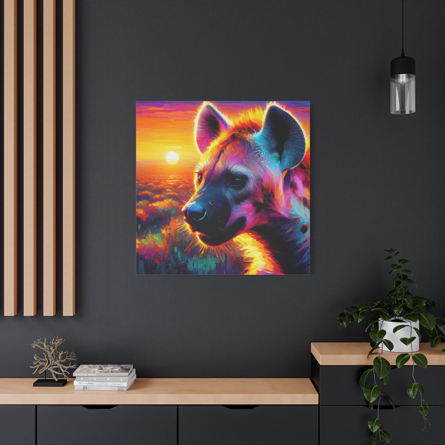 Hyena at sunrise - Portrait , abstract Impressionism , bright and vibrant colors , Oil painting on canvas print , wall art ,