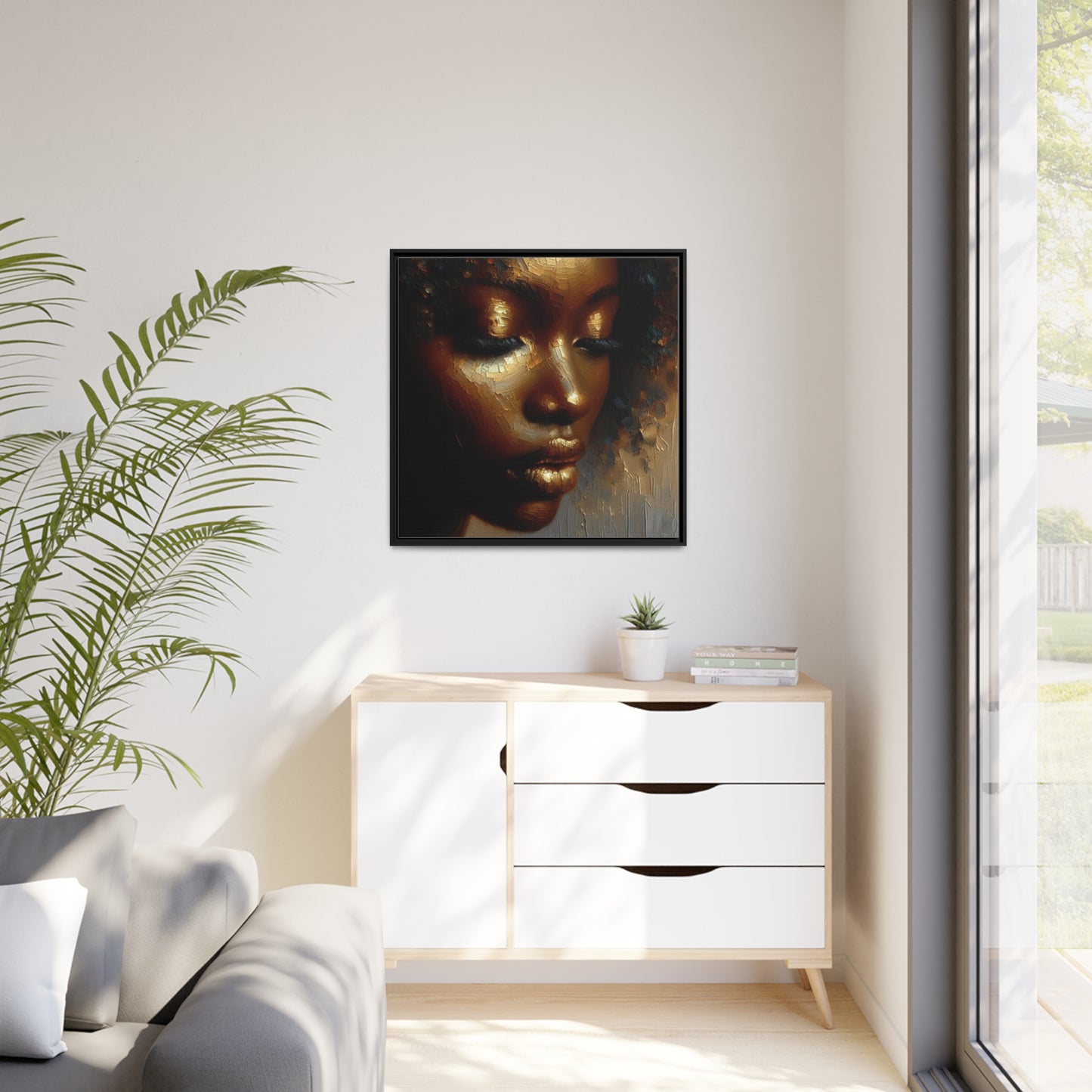 African woman , Gold , Bronze , Black , abstract Impressionism, Matte Canvas, Black Frame