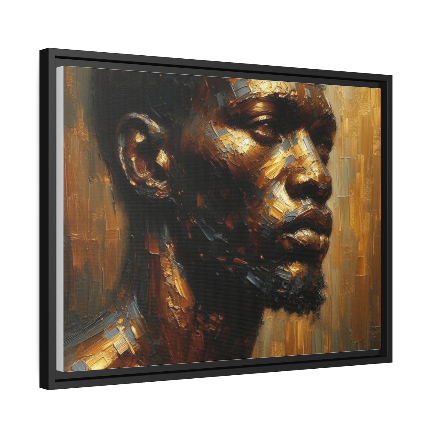 African Man , Portrait , Gold , Bronze , Black , abstract Impressionism , Matte Canvas, Black Frame