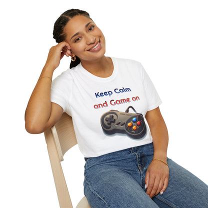 "Keep Calm and Game On" Retro Gamer , Unisex Softstyle T-Shirt