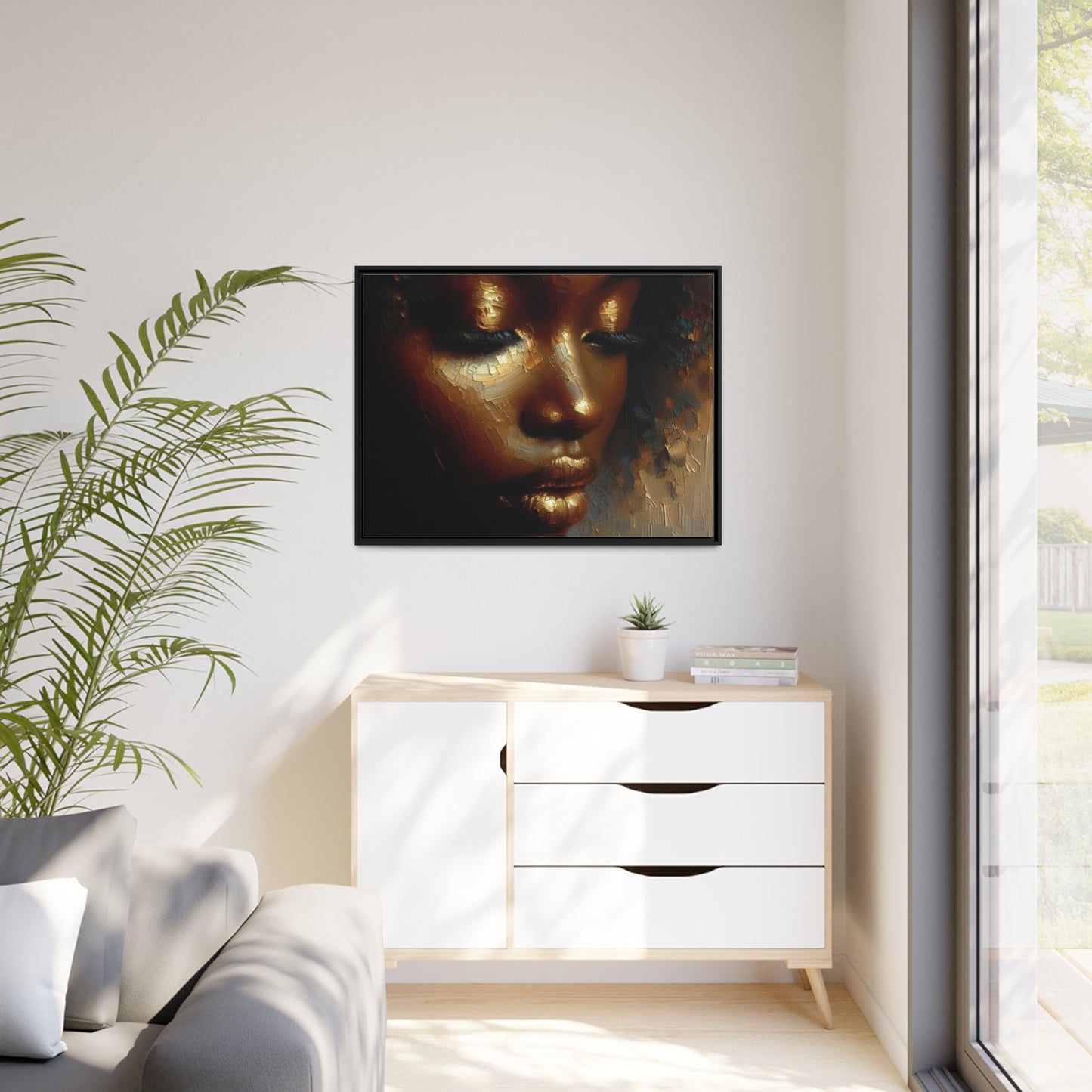 African woman , Gold , Bronze , Black , abstract Impressionism, Matte Canvas, Black Frame