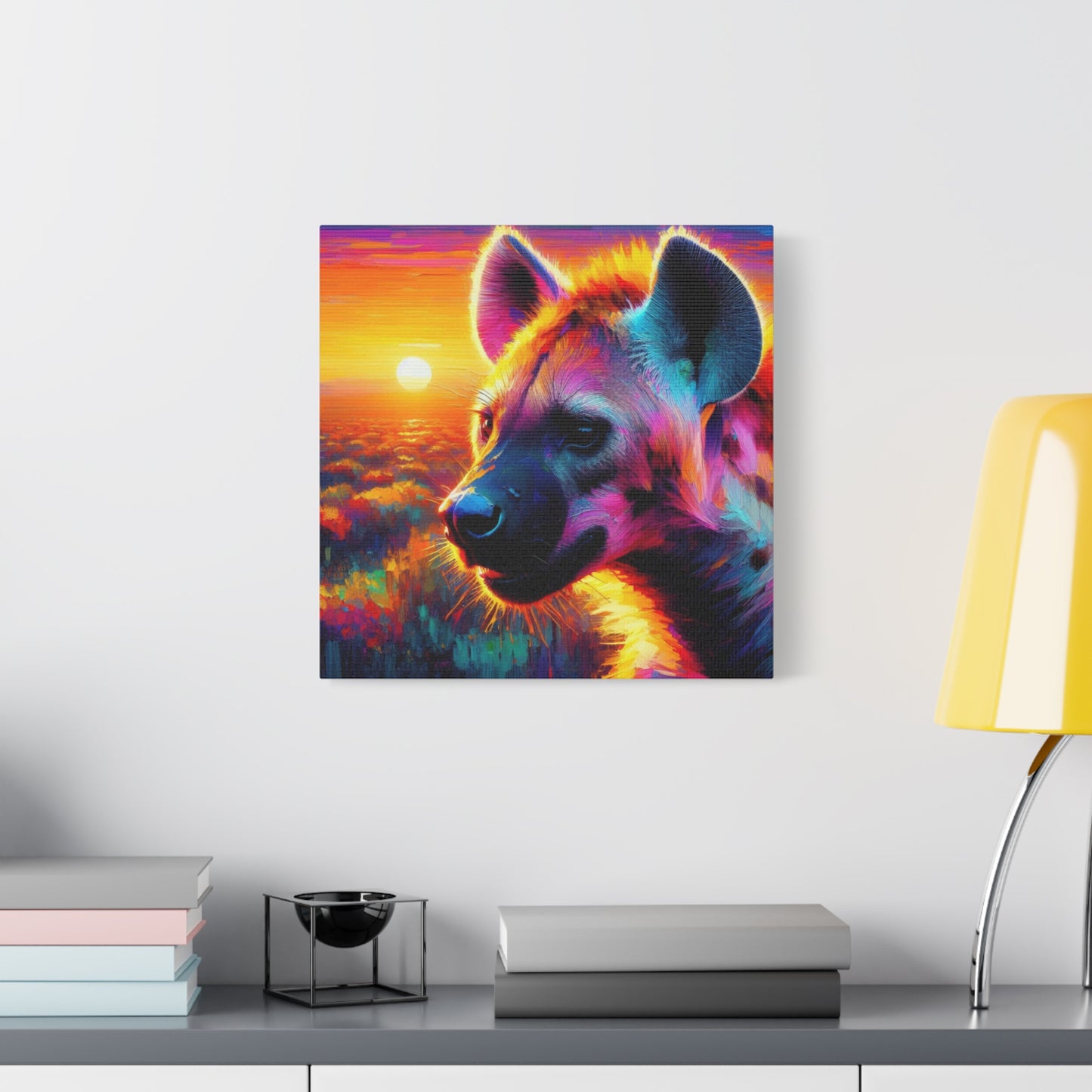 Hyena at sunrise  -  Portrait , abstract Impressionism , bright and vibrant colors , Oil painting on canvas print  , wall art ,