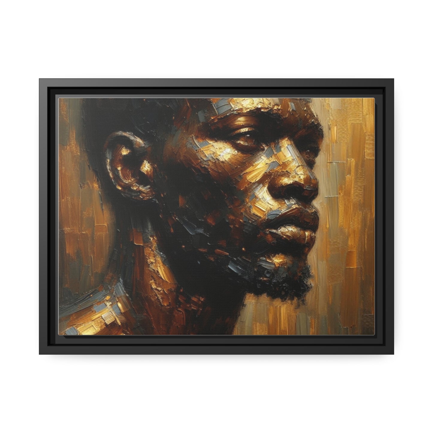 African Man , Portrait , Gold , Bronze , Black , abstract Impressionism , Matte Canvas, Black Frame