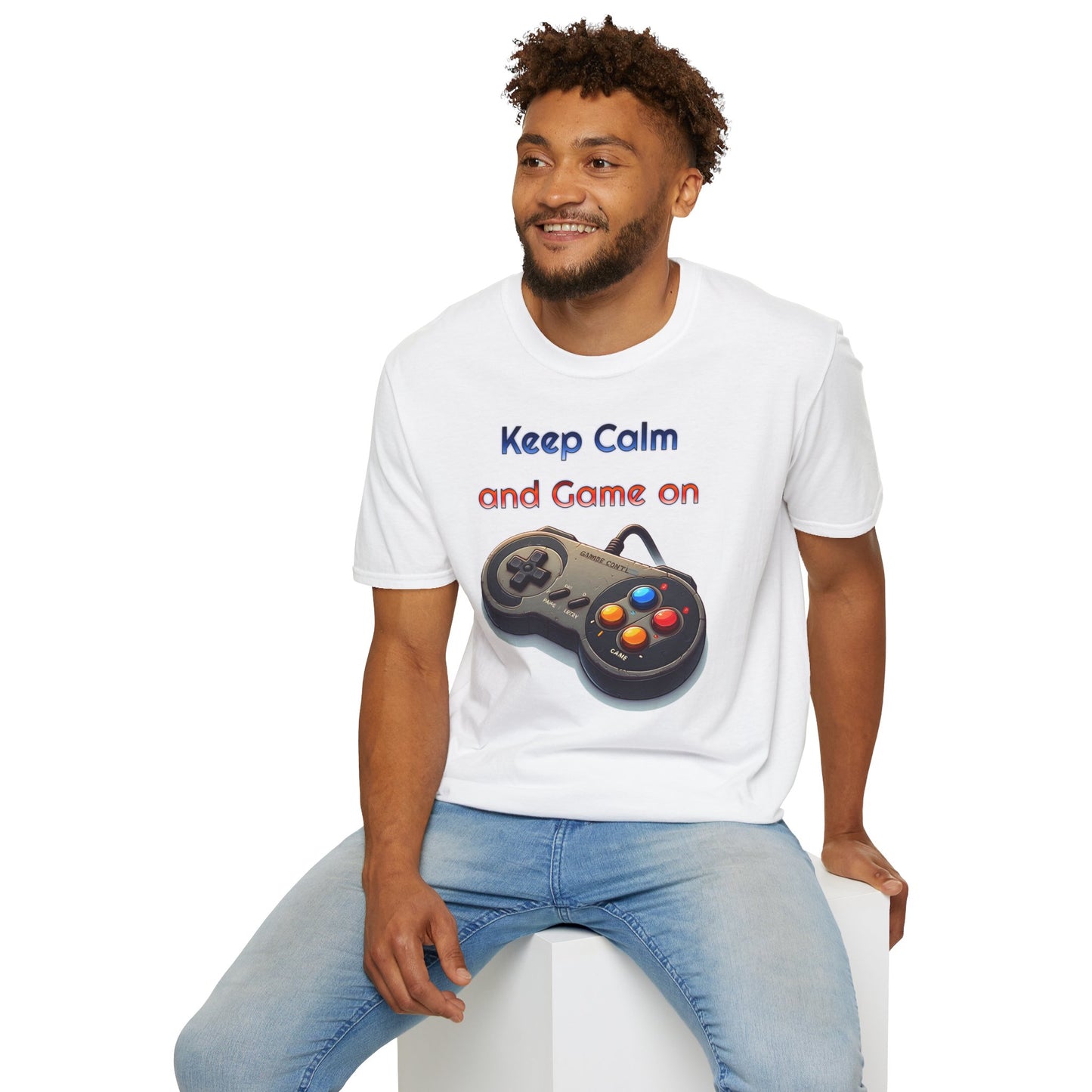 "Keep Calm and Game On" Retro Gamer , Unisex Softstyle T-Shirt