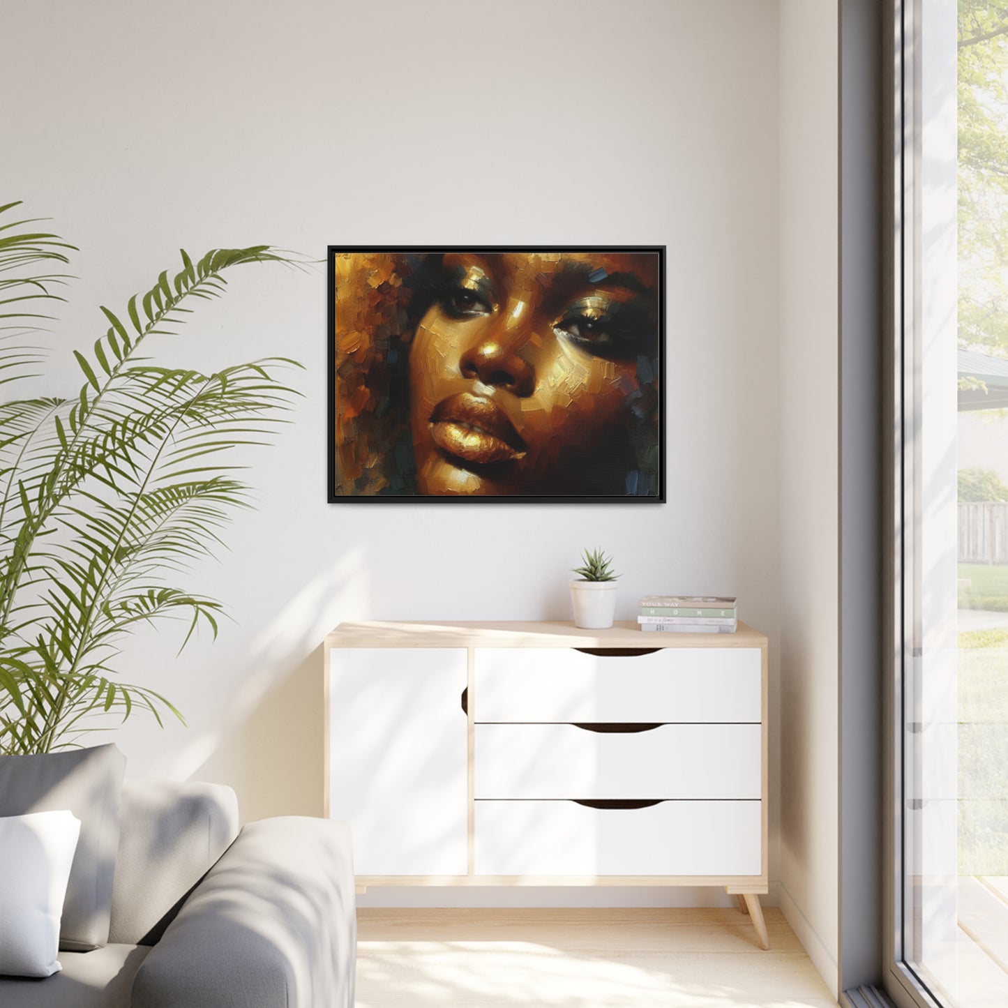 African Woman , portrait , Gold , Bronze , abstact Impressionism , Matte Canvas, Black Frame