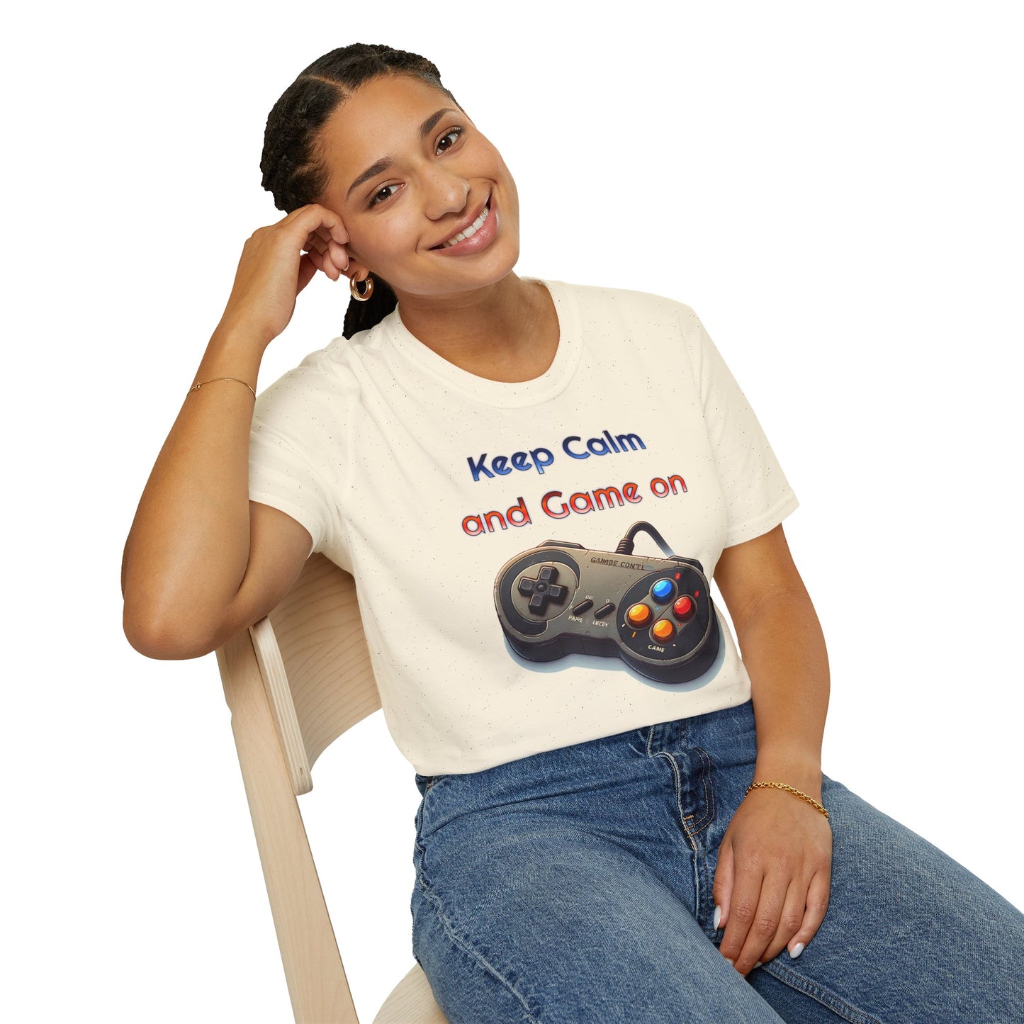 "Keep Calm and Game On" Retro Gamer , Unisex Softstyle T-Shirt