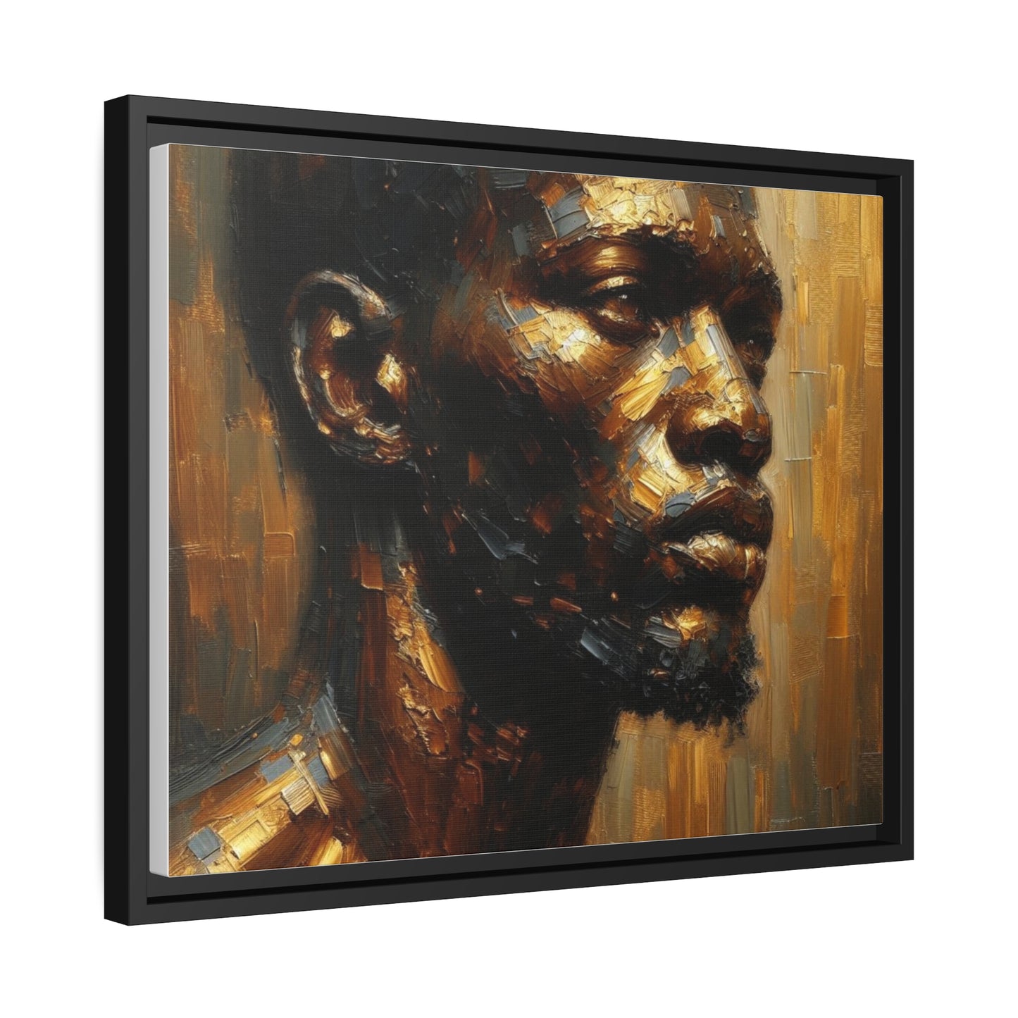 African Man , Portrait , Gold , Bronze , Black , abstract Impressionism , Matte Canvas, Black Frame