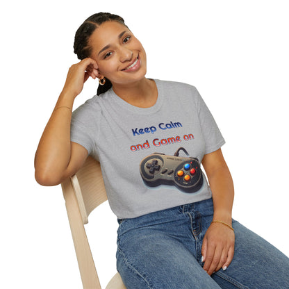 "Keep Calm and Game On" Retro Gamer , Unisex Softstyle T-Shirt