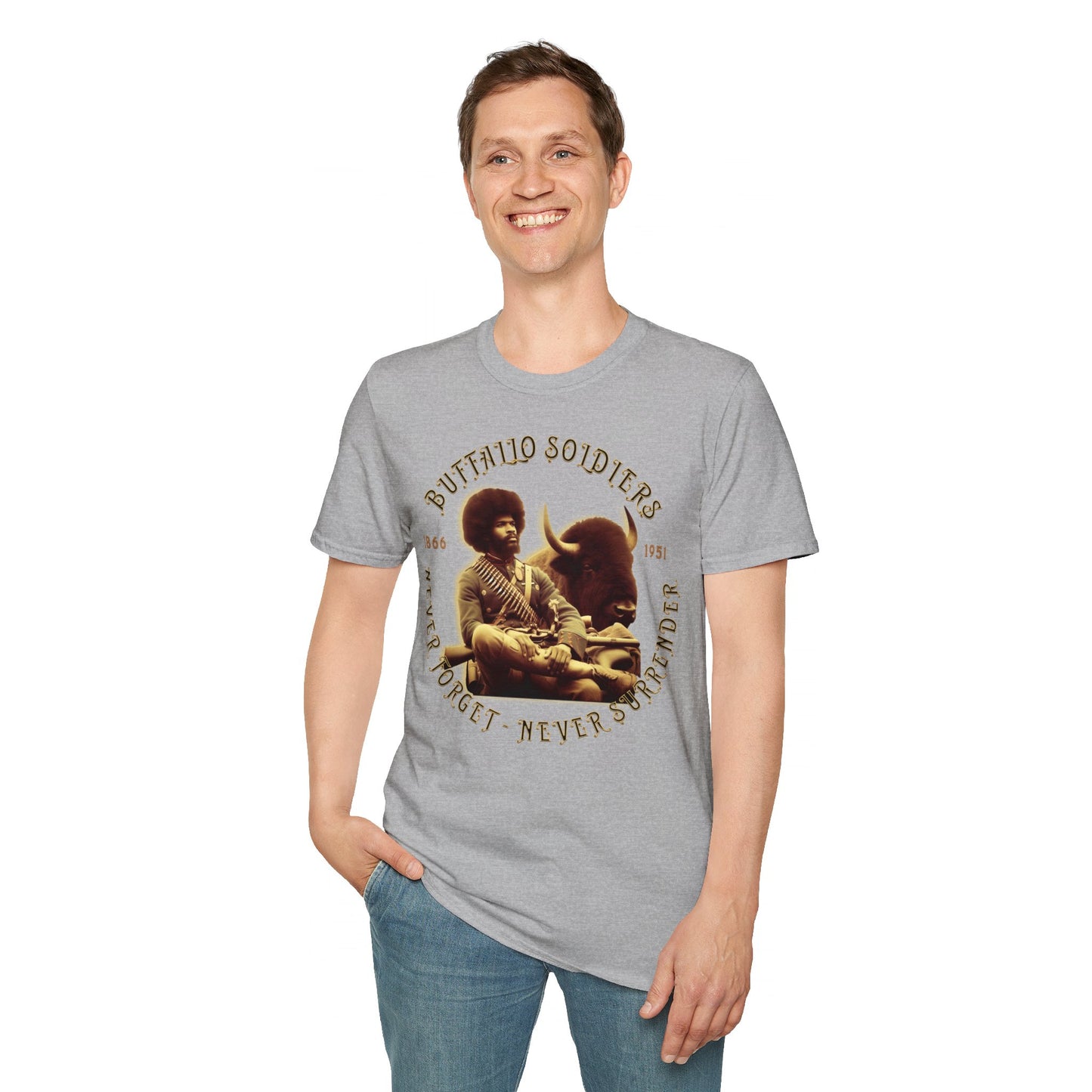 "Buffalo Soldier - Never Forget - Never Surrender" - Unisex Softstyle T-Shirt