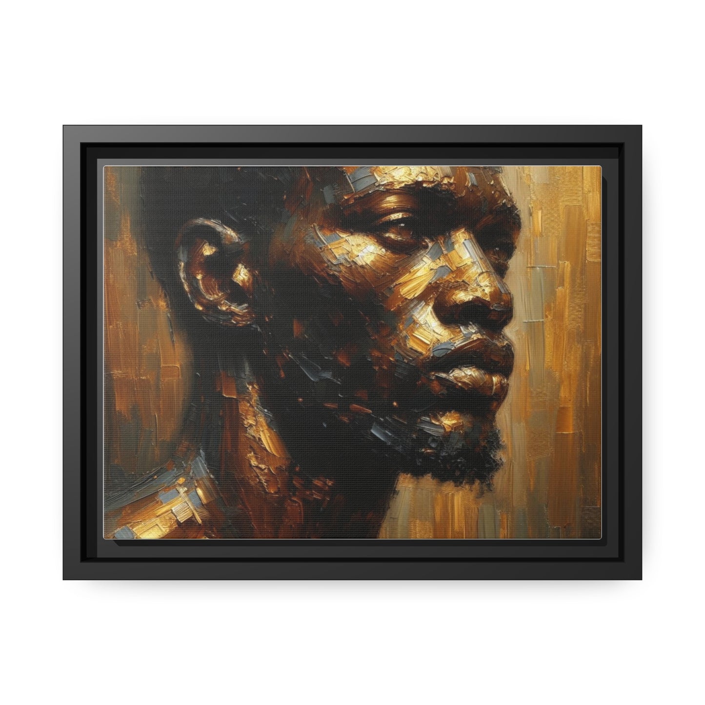 African Man , Portrait , Gold , Bronze , Black , abstract Impressionism , Matte Canvas, Black Frame