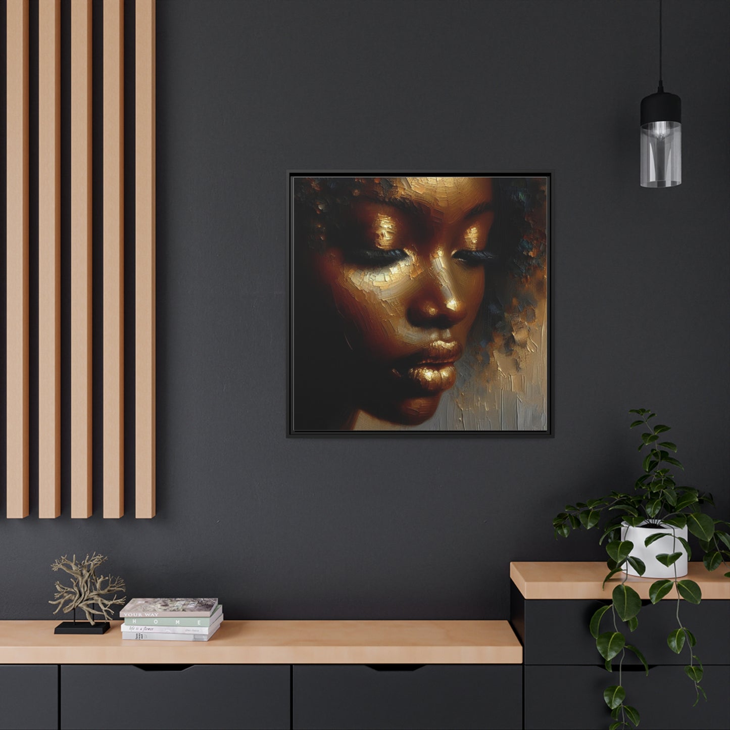 African woman , Gold , Bronze , Black , abstract Impressionism, Matte Canvas, Black Frame