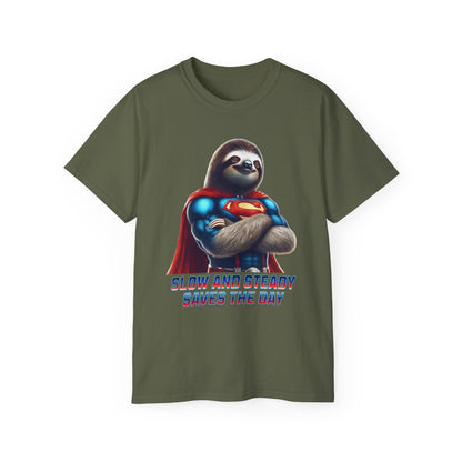 "Slow and Steady Saves the Day" Superhero Sloth - Unisex Ultra Cotton Tee