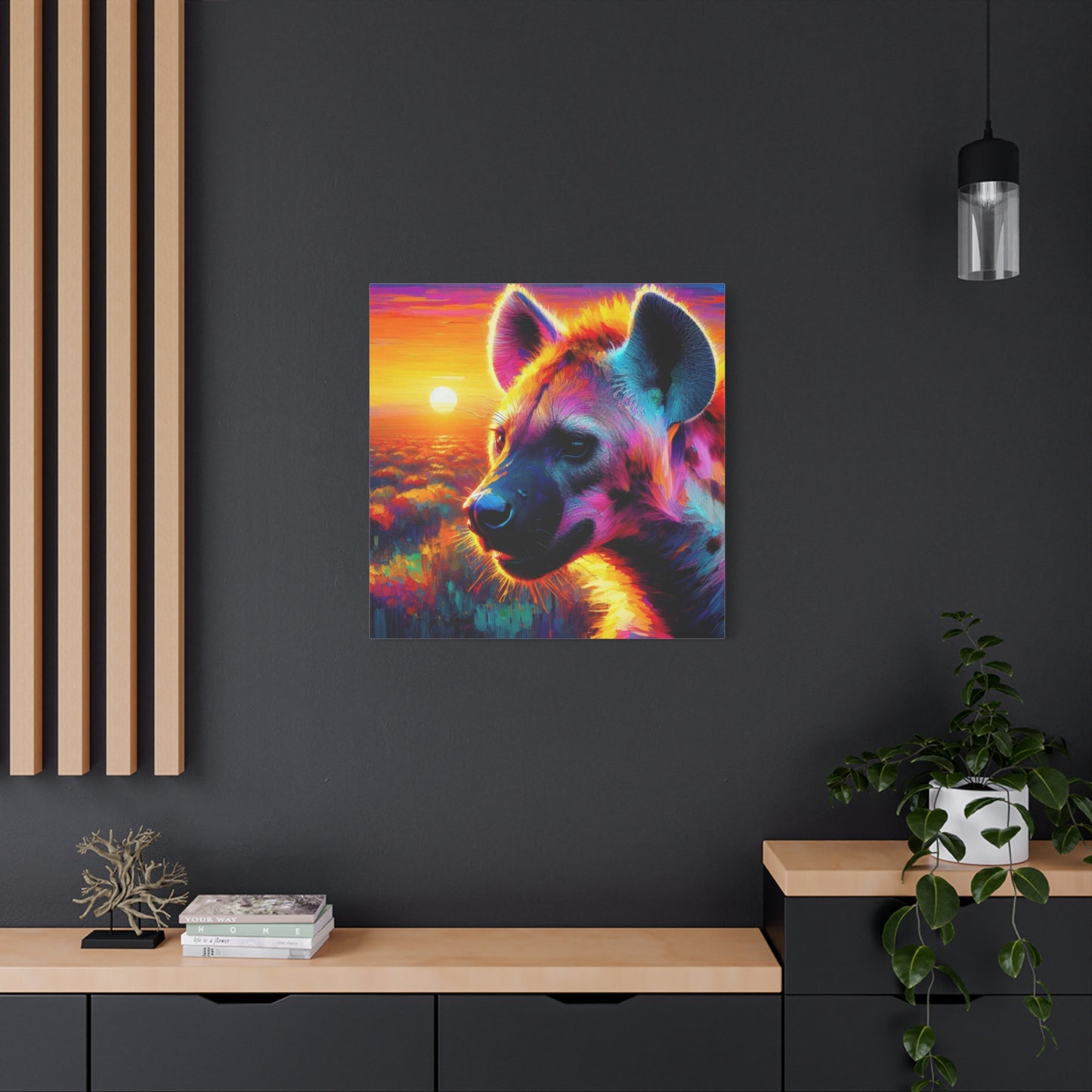 Hyena at sunrise  -  Portrait , abstract Impressionism , bright and vibrant colors , Oil painting on canvas print  , wall art ,