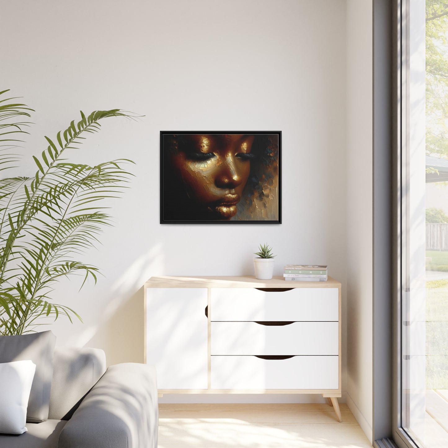 African woman , Gold , Bronze , Black , abstract Impressionism, Matte Canvas, Black Frame