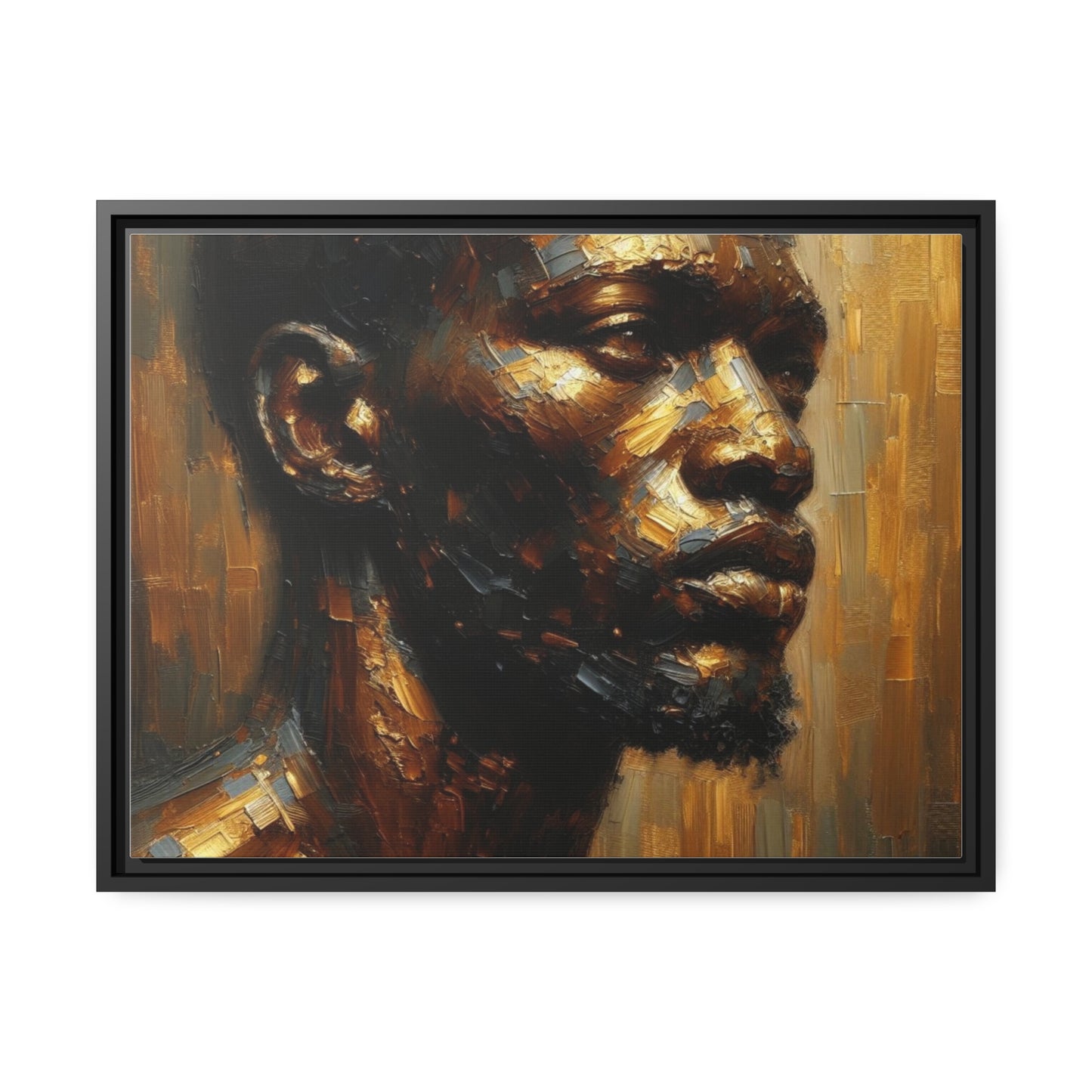 African Man , Portrait , Gold , Bronze , Black , abstract Impressionism , Matte Canvas, Black Frame