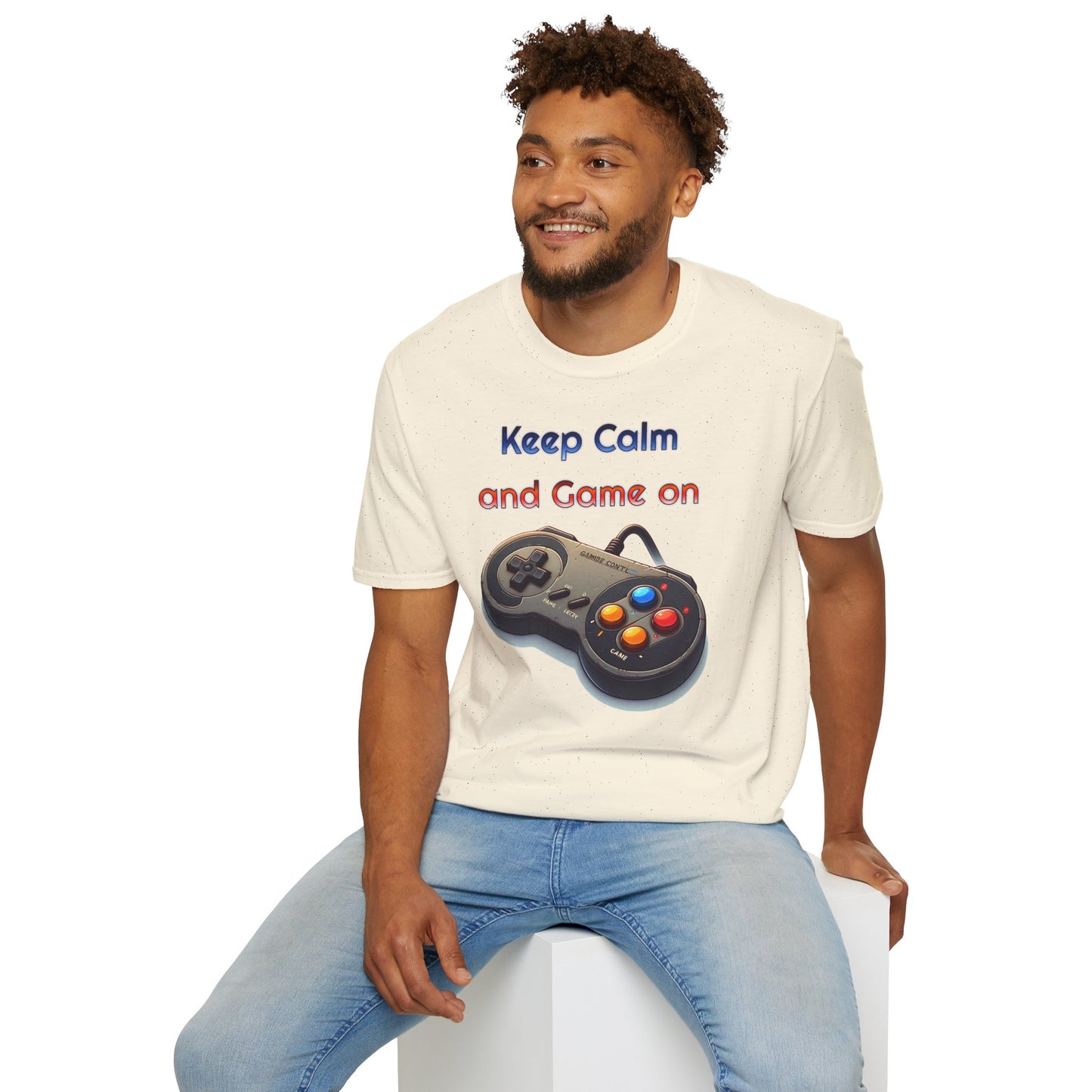 "Keep Calm and Game On" Retro Gamer , Unisex Softstyle T-Shirt