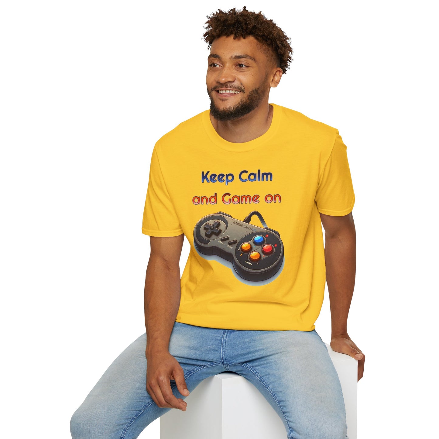 "Keep Calm and Game On" Retro Gamer , Unisex Softstyle T-Shirt