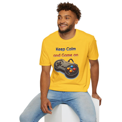 "Keep Calm and Game On" Retro Gamer , Unisex Softstyle T-Shirt