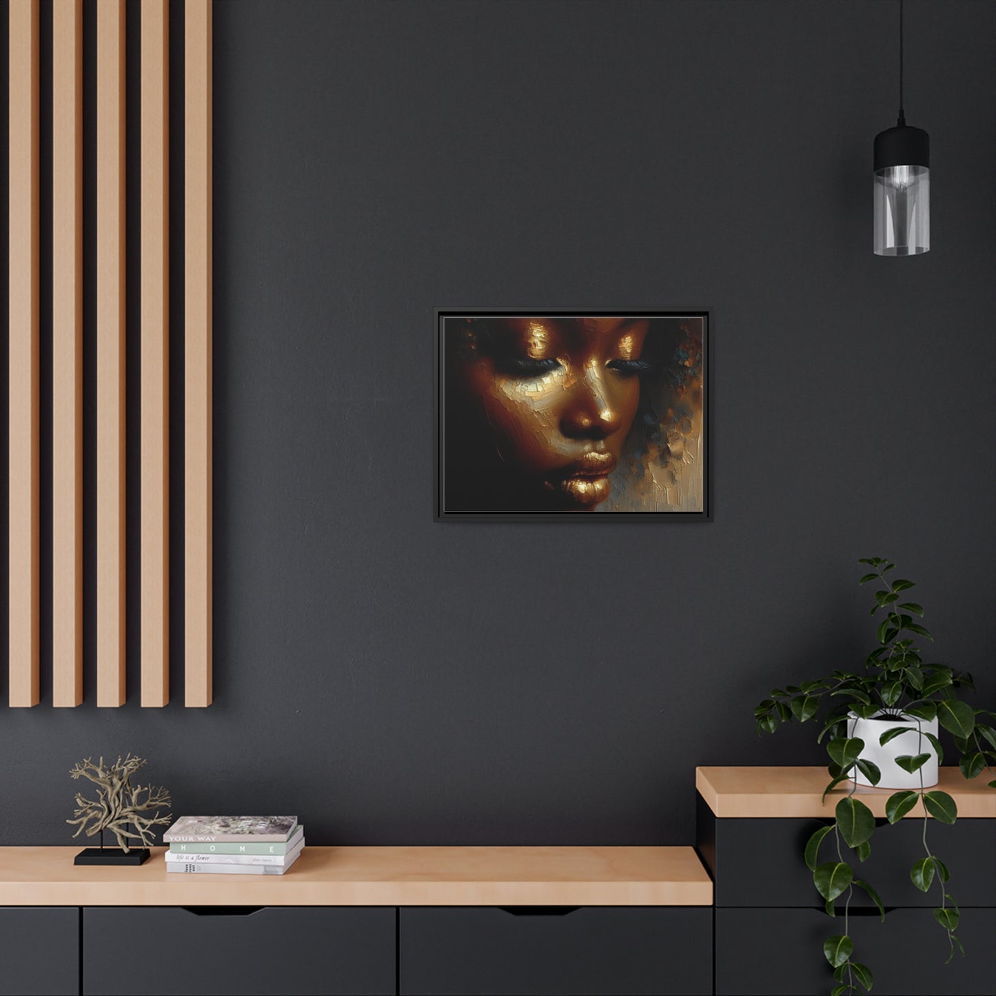 African woman , Gold , Bronze , Black , abstract Impressionism, Matte Canvas, Black Frame