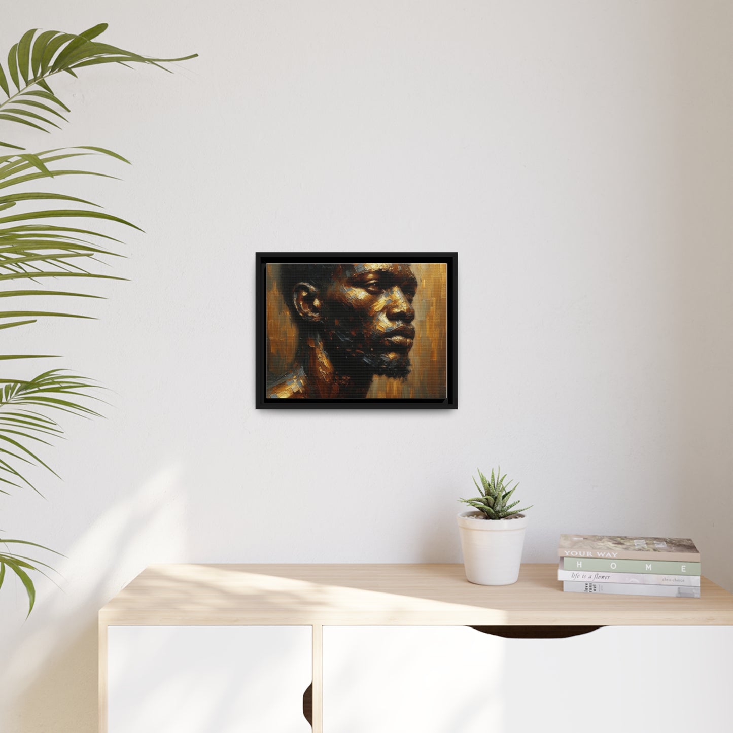 African Man , Portrait , Gold , Bronze , Black , abstract Impressionism , Matte Canvas, Black Frame