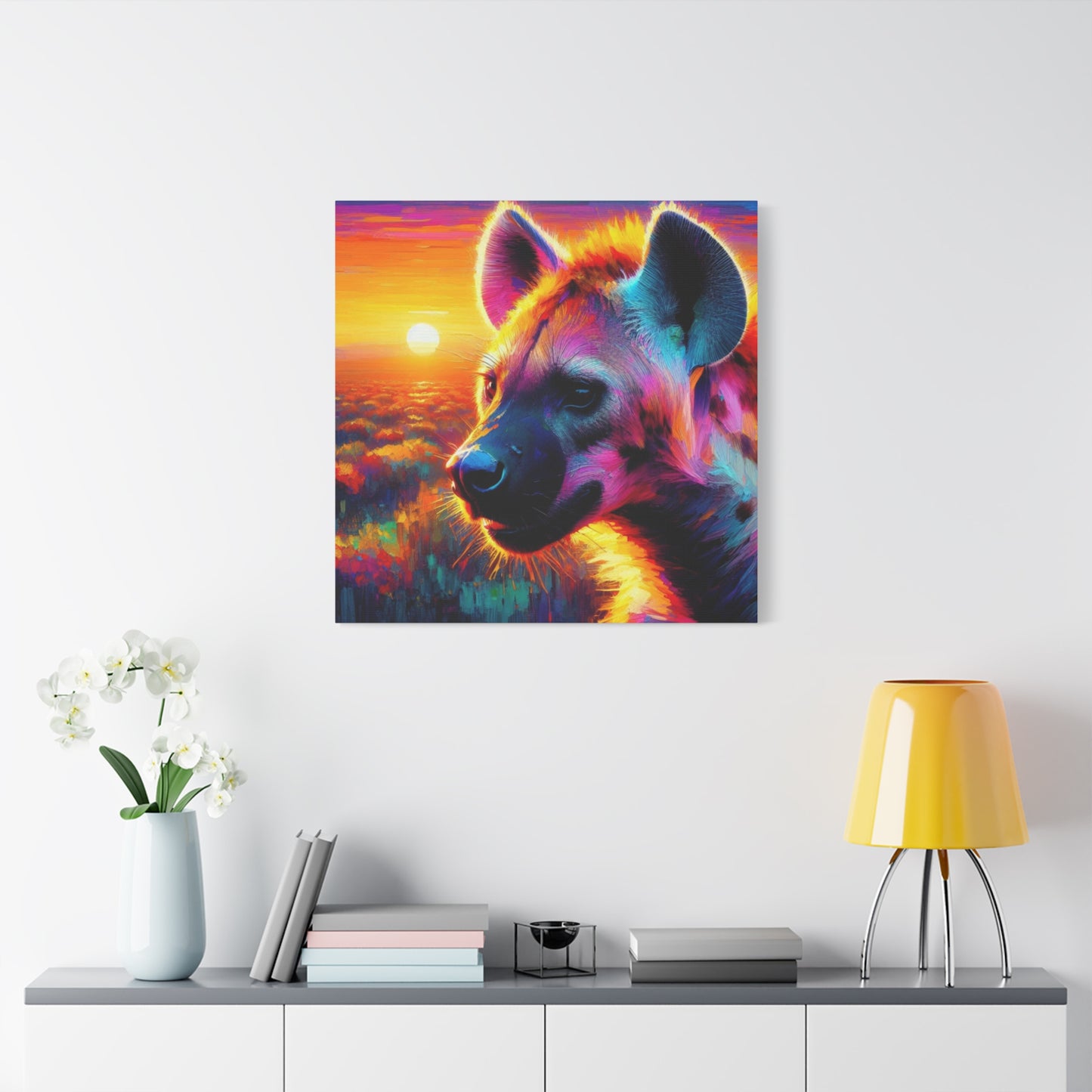 Hyena at sunrise  -  Portrait , abstract Impressionism , bright and vibrant colors , Oil painting on canvas print  , wall art ,