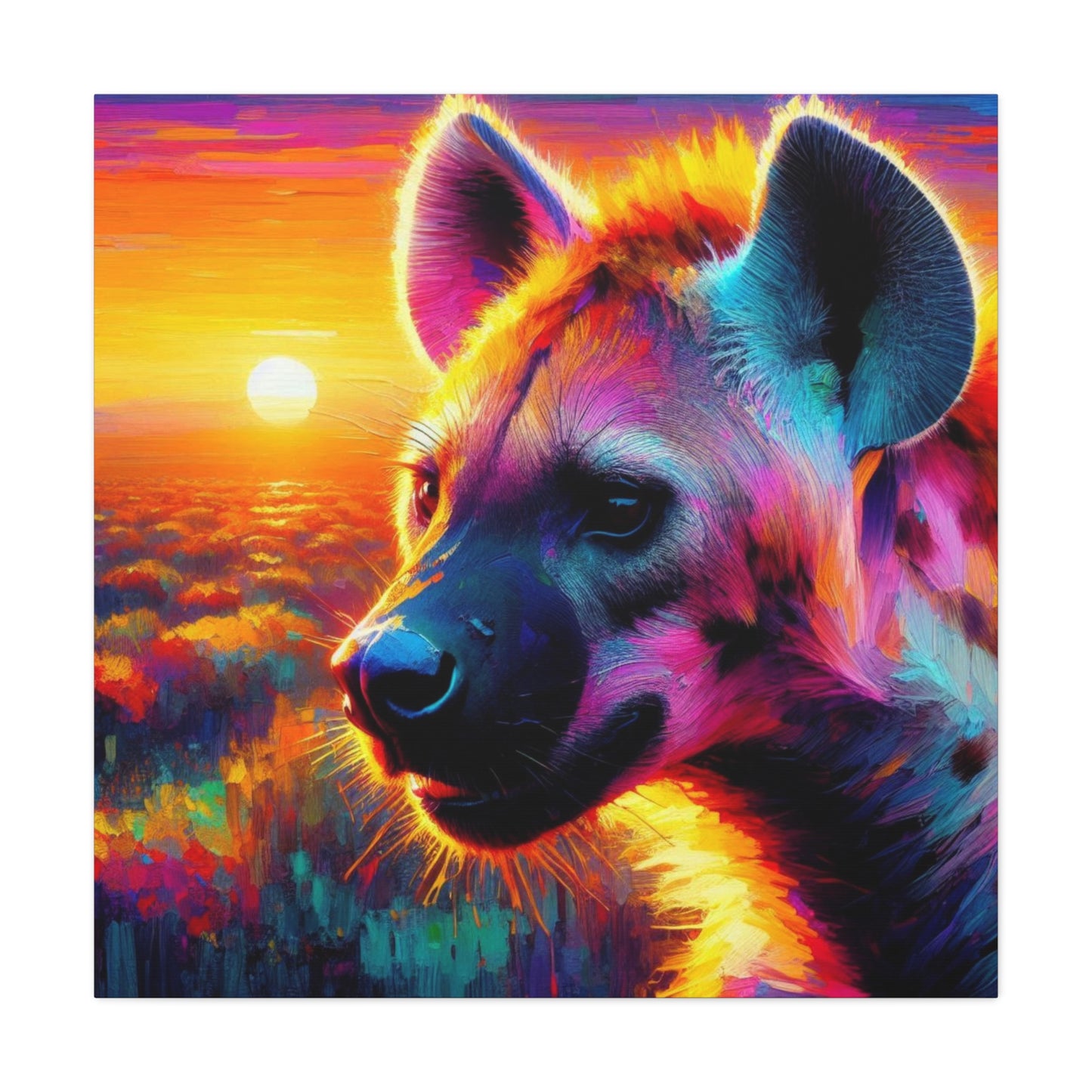 Hyena at sunrise  -  Portrait , abstract Impressionism , bright and vibrant colors , Oil painting on canvas print  , wall art ,