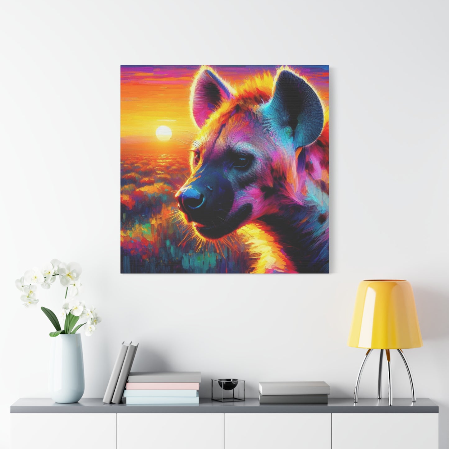 Hyena at sunrise  -  Portrait , abstract Impressionism , bright and vibrant colors , Oil painting on canvas print  , wall art ,