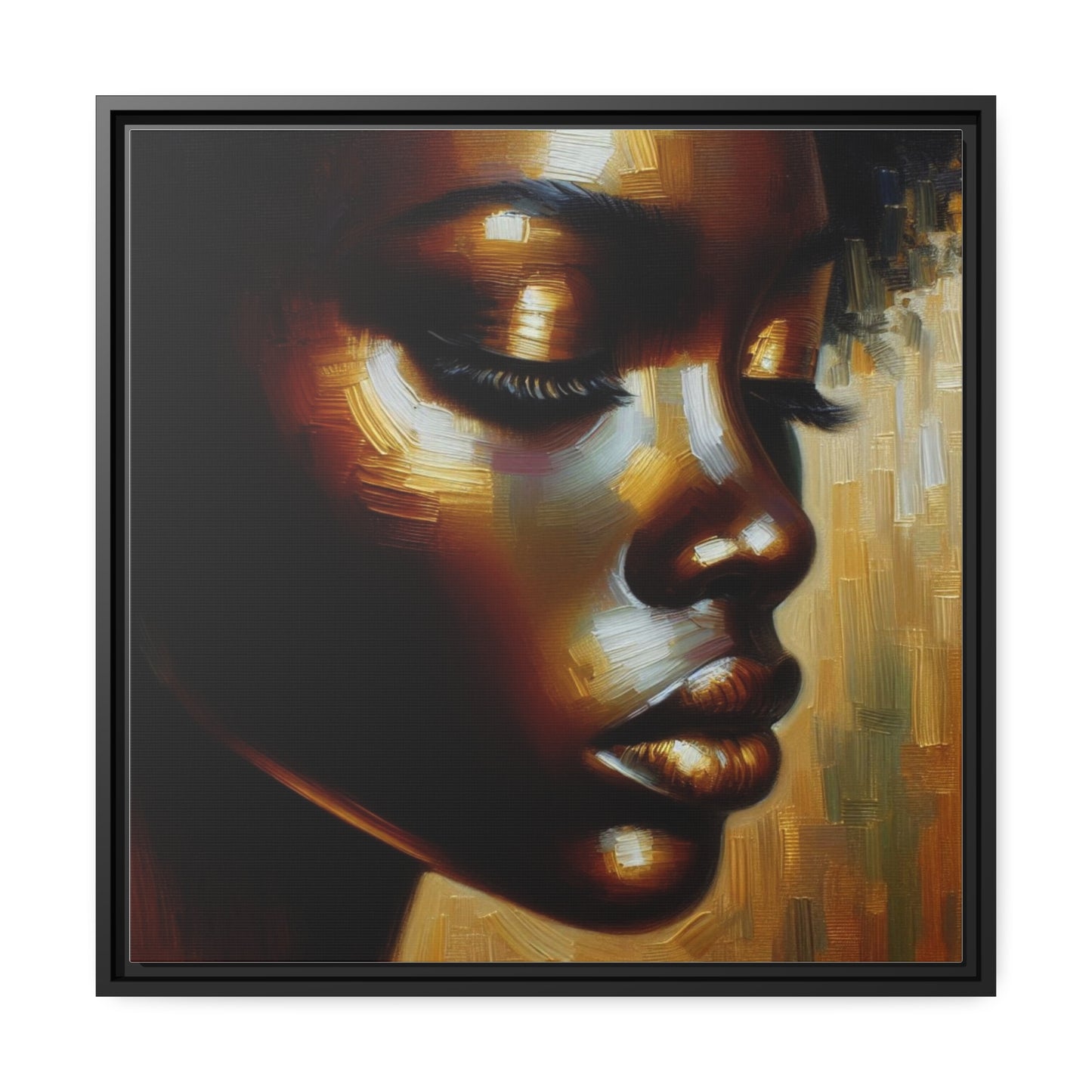 African woman , portrait , gold , bronze and black , abstract Impressionism, Matte Canvas, Black Frame