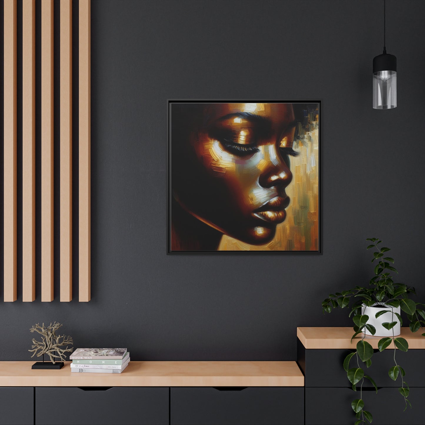 African woman , portrait , gold , bronze and black , abstract Impressionism, Matte Canvas, Black Frame