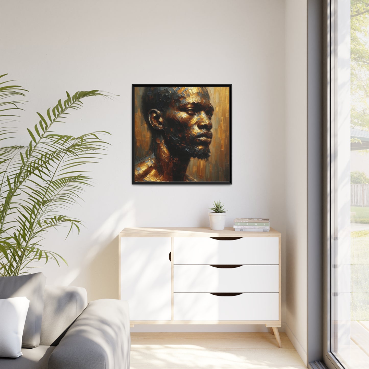 African Man , Portrait , Gold , Bronze , Black , abstract Impressionism , Matte Canvas, Black Frame