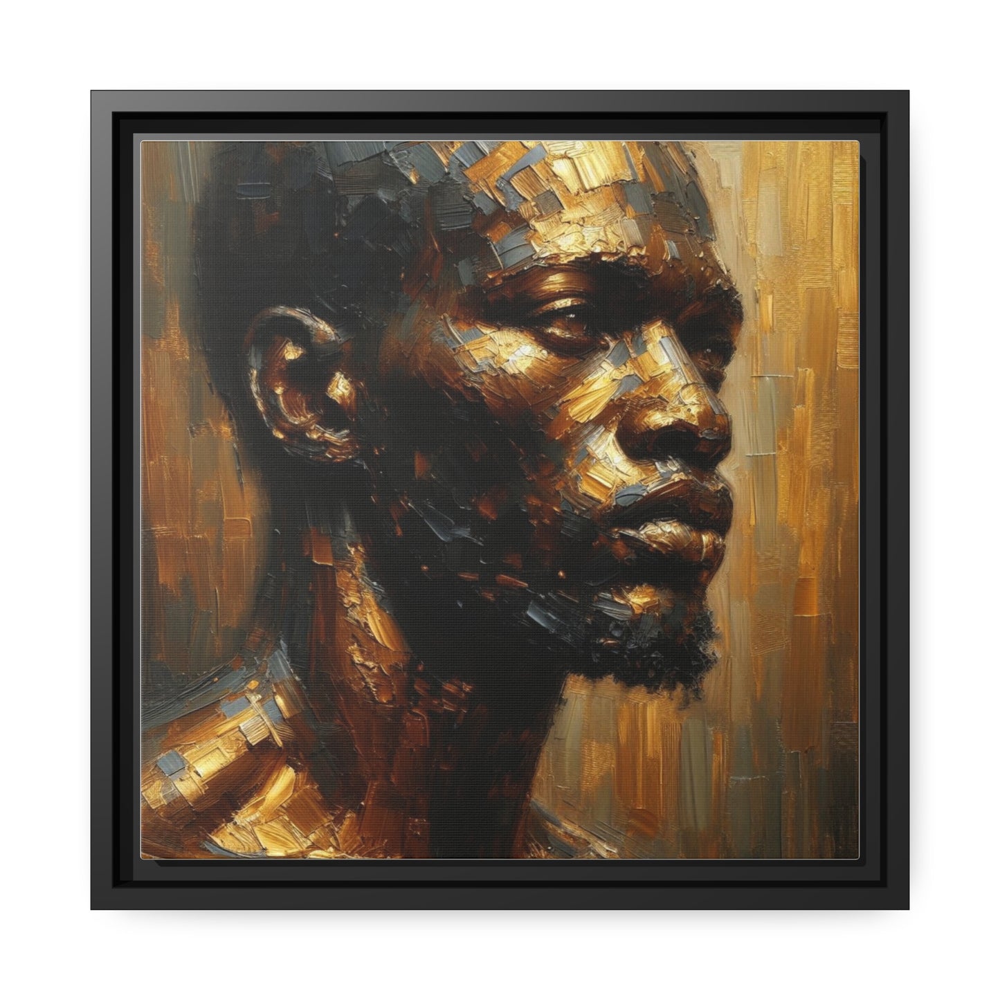 African Man , Portrait , Gold , Bronze , Black , abstract Impressionism , Matte Canvas, Black Frame