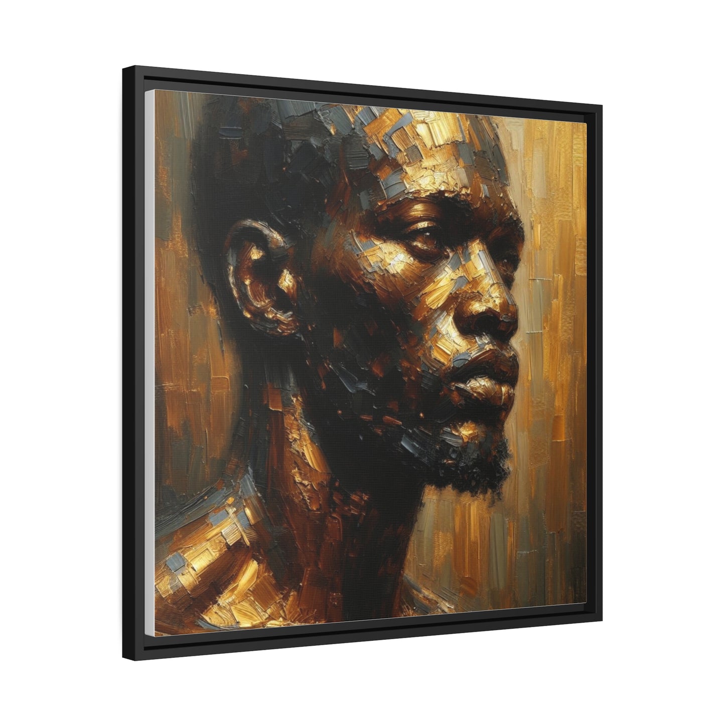 African Man , Portrait , Gold , Bronze , Black , abstract Impressionism , Matte Canvas, Black Frame